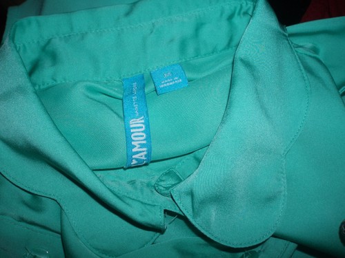 Lightweight blouse, M, button, collar, sleeveless, silky, green, L'Amour - Picture 3 of 4