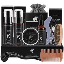 10 In 1 Premium Beard Kit Oil Balm Shampoo Conditioner Roller Comb Brush Scissor