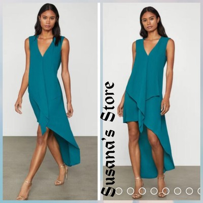 NWT BCBG MAXAZRIA SIZE S TARA TEAL-GREEN CASCADE RUFFLE ASYMMETRIC DRESS