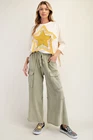 Easel Womens Utility Mineral Washed Wide Leg Terry Knit Cargo Pant- Faded Olive
