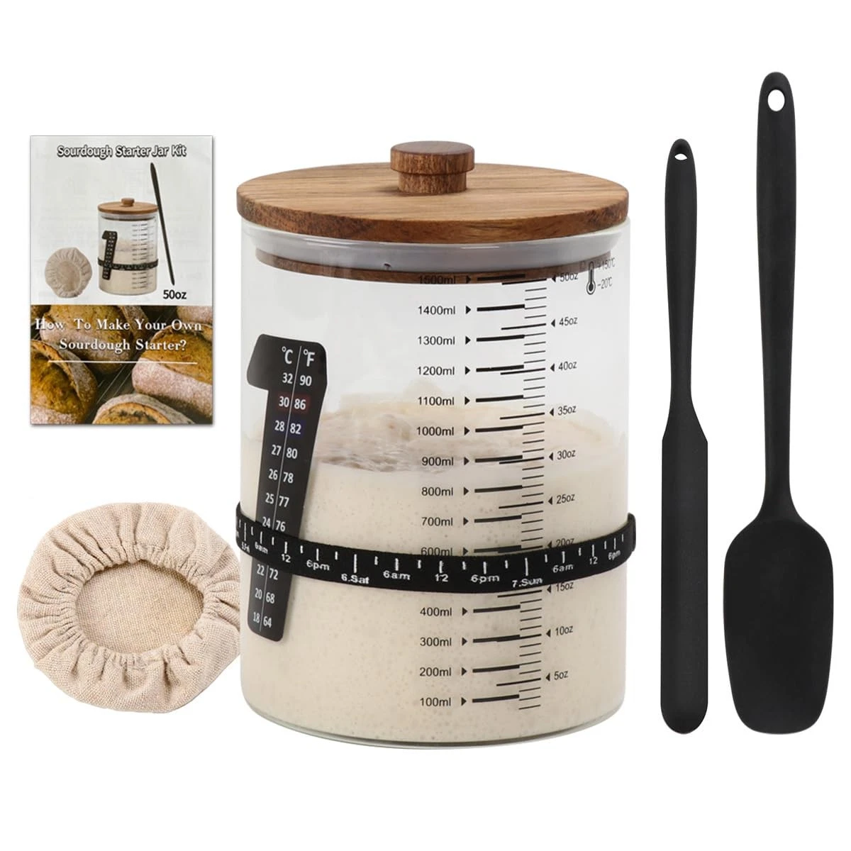 50oz /1500ml Large Sourdough Starter Jar Kit with Glass Jar Black Silicone Sc...