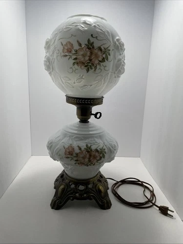Vintage Gone With The Wind Wild Rose Hurricane Parlor Lamp Milk Glass Tested