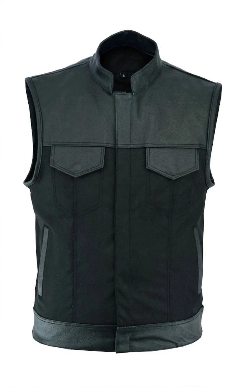 MEN CODURA WITH TRIM REAL LEATHER SON OF ANARCHY MOTORCYCLE WAISTCOAT - BLACK