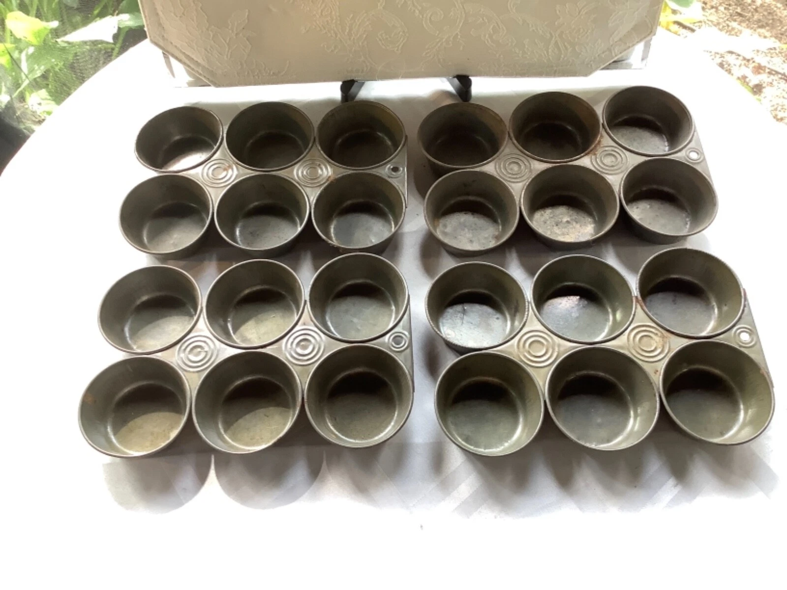 Set of 4,Tin 6 Muffin Pans. Make 6-24 Muffins - Hanging Hole For Country Display