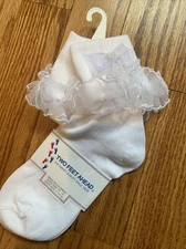 NEW Girls White Ruffle Dress Ankle Socks. size 10-13, BOW