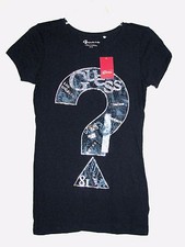NEW GUESS JET BLACK,'?' LOGO,PEACE,GLAM,SILVER,COTTON TEE,TSHIRT,T-SHIRT,SHIRT