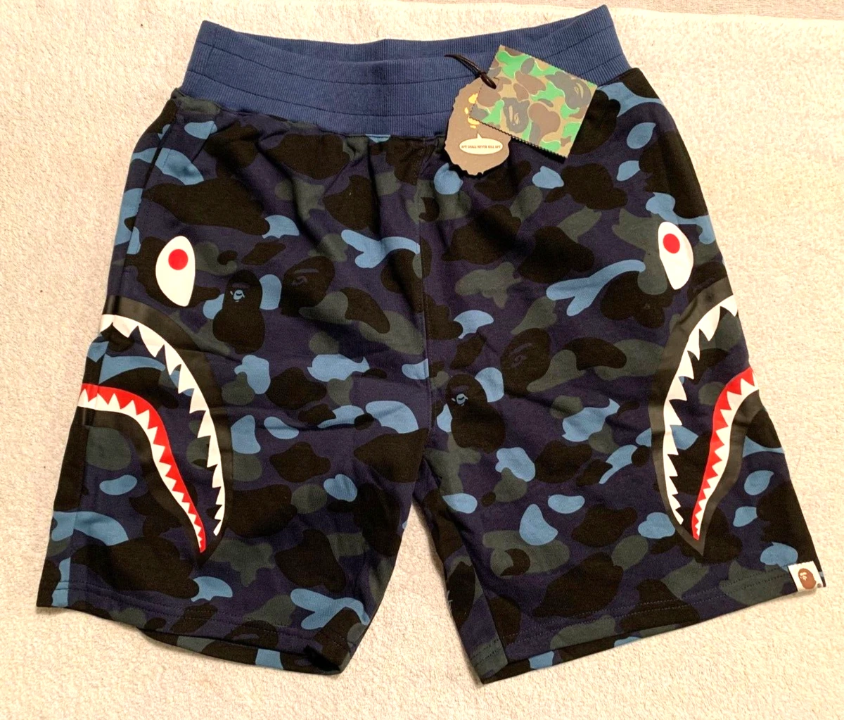 A Bathing Ape Bape Blue Camo Side Shark Sweat Shorts size XL 100 NEW w tags