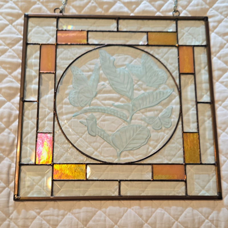 Handmade Stained Glass Window Panel Prism Etched Butterflies Flowers 12" x 12"