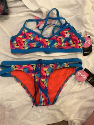 TYR Womens Durafast Le Reve  Blue/neon Tieback Top (S) Workout Bikini (M) NEW 