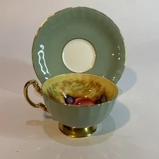 Vintage Aynsley England Fruit Teal Blue Fine Bone China Tea Cup Saucer Set