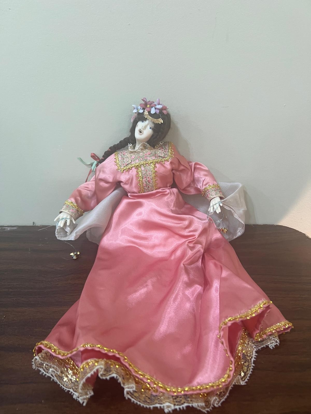 Vintage 1979 France Porcelain Hand Painted Bisque Musical Doll Pink Satin Dress