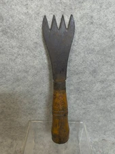 19th century Antique Metal Ice Chipper chisel Primitive Wooden 10 inch 4 tine