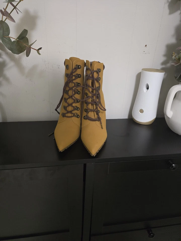 Botas al tobillo de cuero sintético para mujer punta tacones de aguja con cordones vintage elegantes Foto 3 de 4