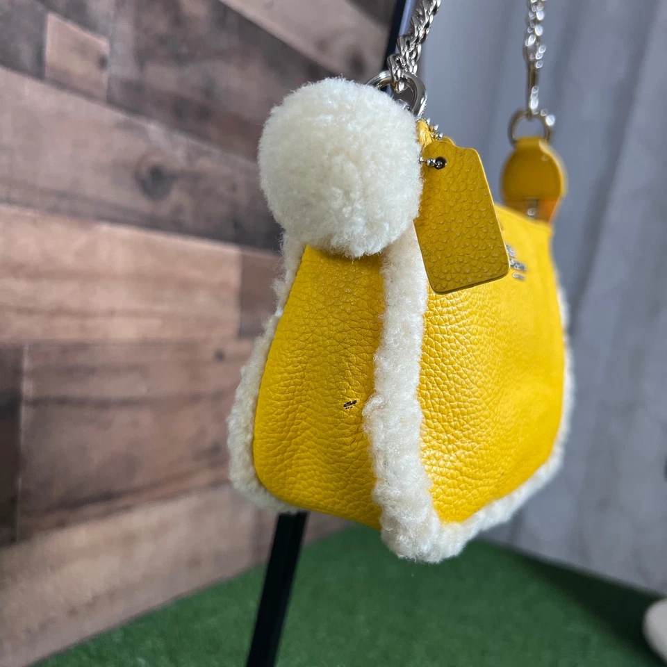 Coach Yellow Leather Shearling Trim Chain Strap Baguette Shoulder Bag Womens - Image 4 of 4