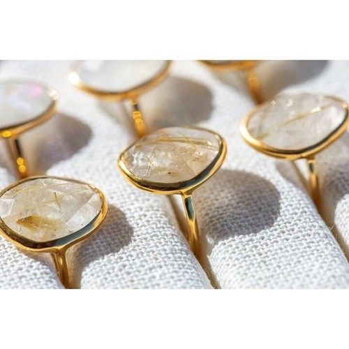 Joyas Plata 925 Silver Yellow Rutile Quartz Ring - Three Stone Faceted Gemstone Ring For August Birth/Leo - View #10