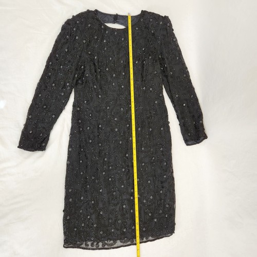 Vintage JOAN LESLIE Hollywood-Fairy-Tale Beaded Black Silk Sheath Dress Size 10. - Picture 13 of 15
