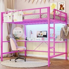 Full Size Loft Bed with Power Outlets LED Lights Desk Metal Loft Bed Frame, Pink