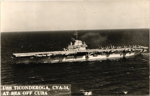 USS TICONDEROGA CVA-14 real photo postcard rppc NAVY SHIP AT SEA OFF ...