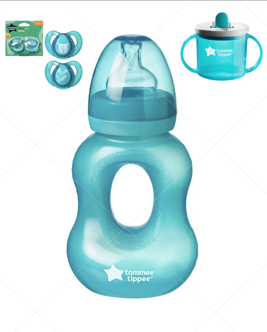 Tommee Tippee bottles 240g 3+, first cup 190g 4+, 2 soothers, BLUE