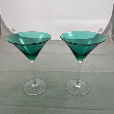 Vera Wang Crystal Wedgwood Martini Glass Emeral  Green Cup Clear Stem Set of 2