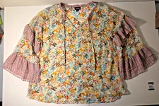 a.n.a. A New Approach Bohemian Floral Ruffle Sleeves Sheer Top Size L