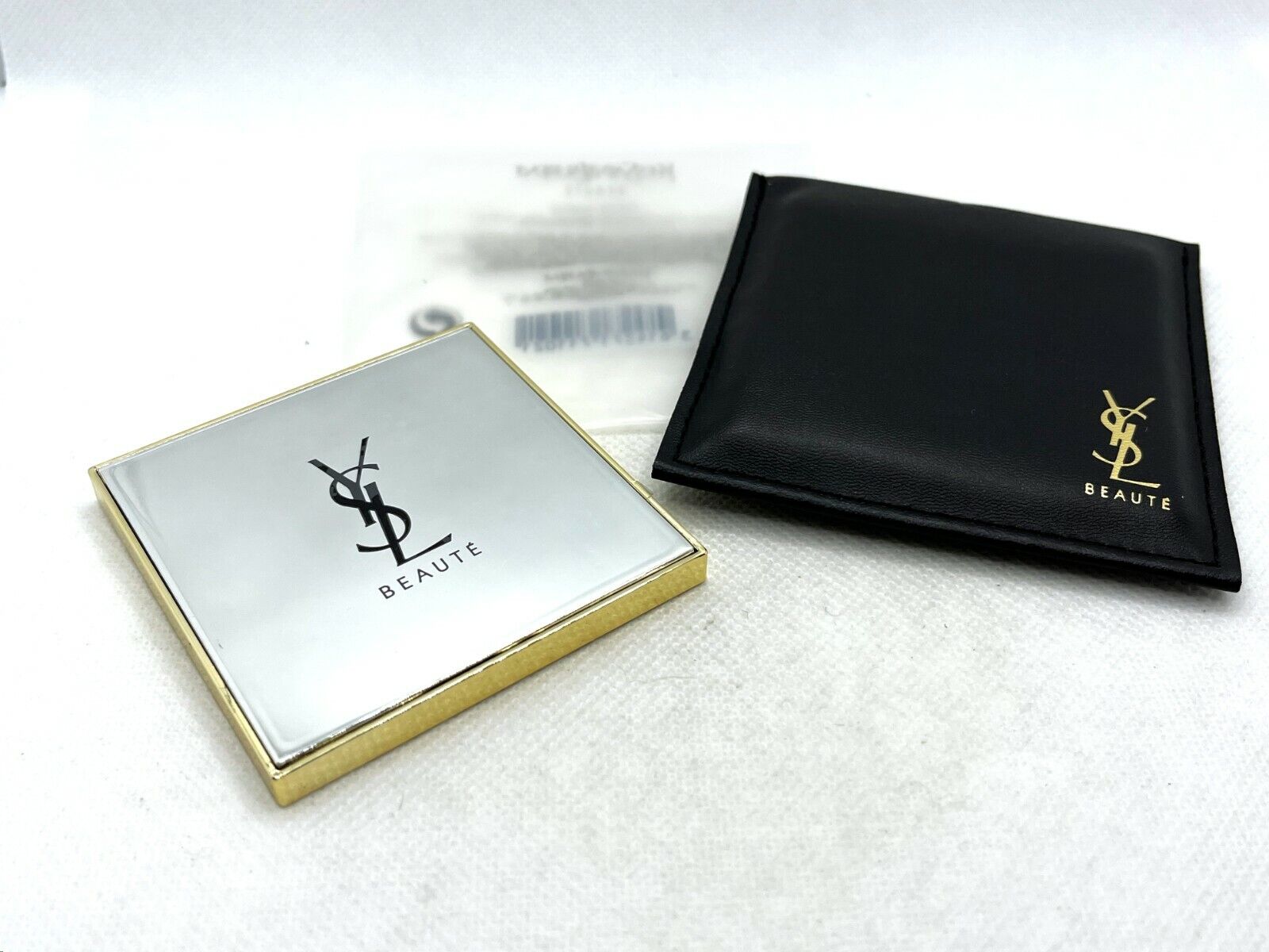 Auth YVES SAINT LAURENT YSL Beaute Novelty Hand Mirror w Faux Leather Sleeve