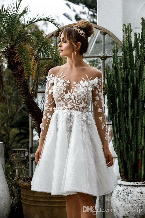 Short Wedding Dress Lace Appliqued A Line Long Sleeves Illusion Boho Bridal  Gown