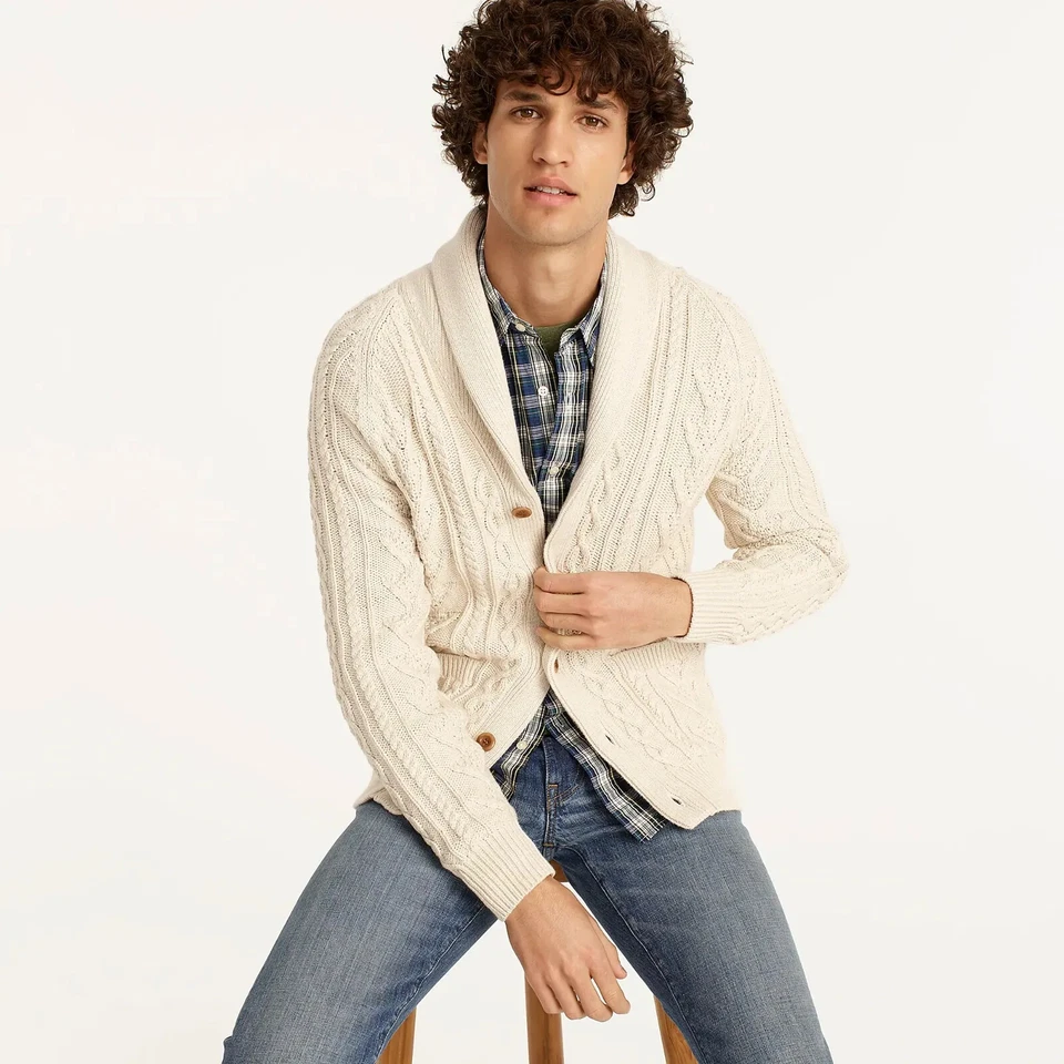 J. CREW Mens Sweater Cable-Knit Shawl Collar Cardigan Cotton Heather Natural NWT - Image 2 of 4