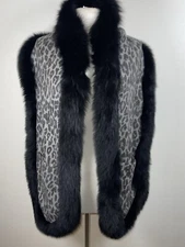 La Fiorentina Wool Cashmere Animal Print Fox Trim Wrap Shawl Scarf W Pockets