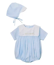NWT Petit Ami Blue Pleated Train Romper 9 Months Hat Baby Boys Bubble 9M