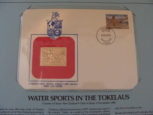 New Zealand FDC w/ 23 kt gold replica stamp 1980 Water Sports in the Tokelaus - Afbeelding 1 van 2