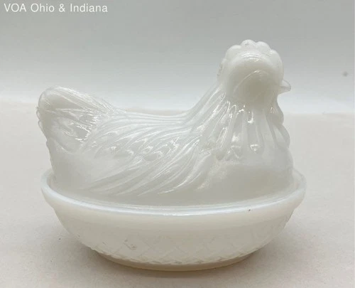 White Milk Glass Hen on Nest Covered Candy Dish Basketweave Pattern Vintage