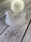 Vintage Hazel Atlas White Milk Glass Hen on Nest Basket Weave Pattern Dish 4.25"