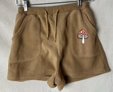 Romwe Fleece Shorts Women's Small Workout Lounge  Tan embroidered mushroom