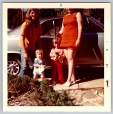 Vtg Color Snapshot Family Group Women & Children By Classic Blue Car 1972