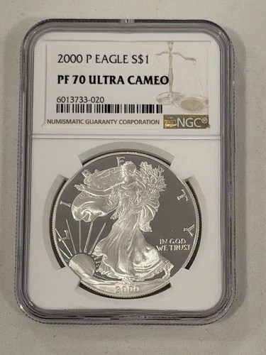 PF70 UCAM 2000-P American Silver Eagle - Brown Label NGC Spot Free White