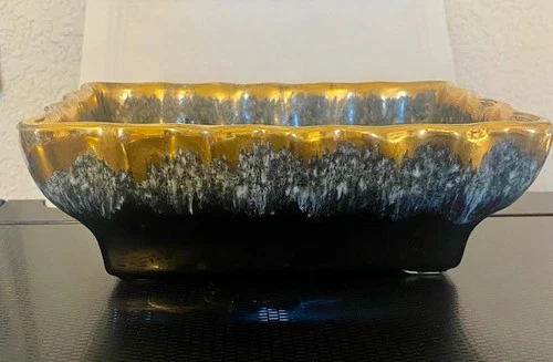 Vintage Hull Black Drip Rectangle Planter Gold Trim 6.5 X 4X2.5"
