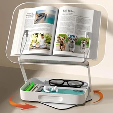 Acrylic Book Stand with Storage, 360° Rotating, Foldable Adjustable Holder with