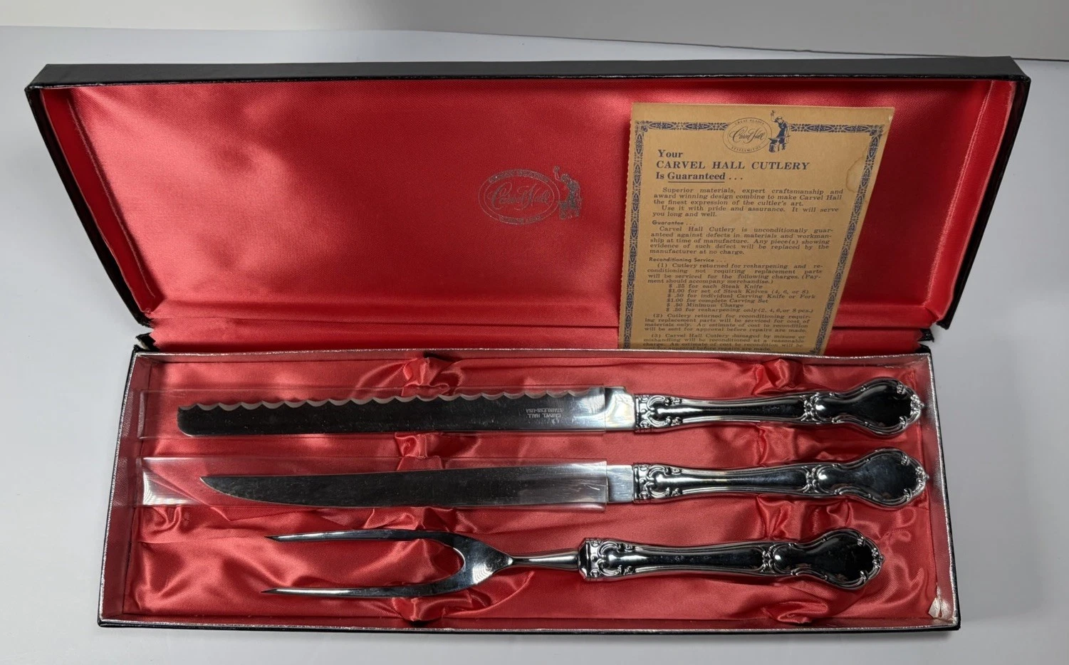 Vintage Carvel Hall Cutlery 3 Piece Carving Knife Set w Original Box & Papers