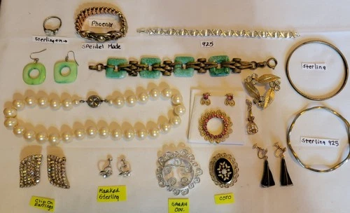 Vintage Lot Of 16 Costume Jewelry Pieces, Bracelets, Earrings, 925, ETC