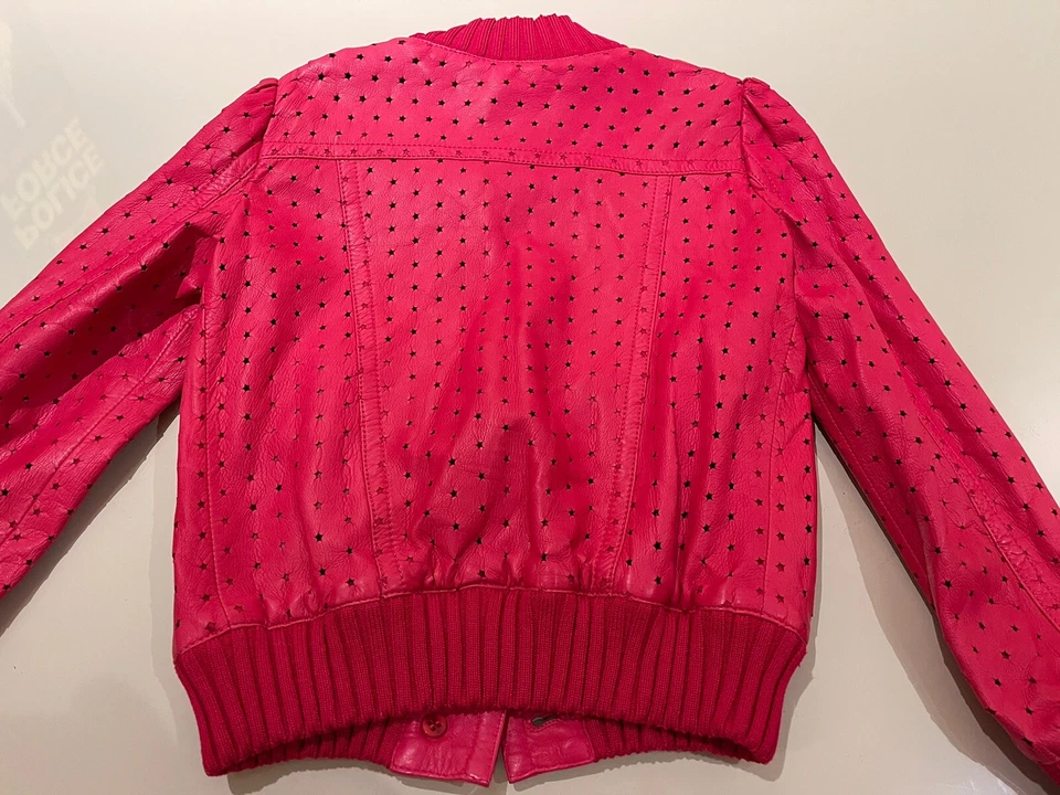 Girls GUCCI  5 Hot Pink SOFT LEATHER laser Cut STARS Moto Jacket Perforated COAT - Image 3 of 4