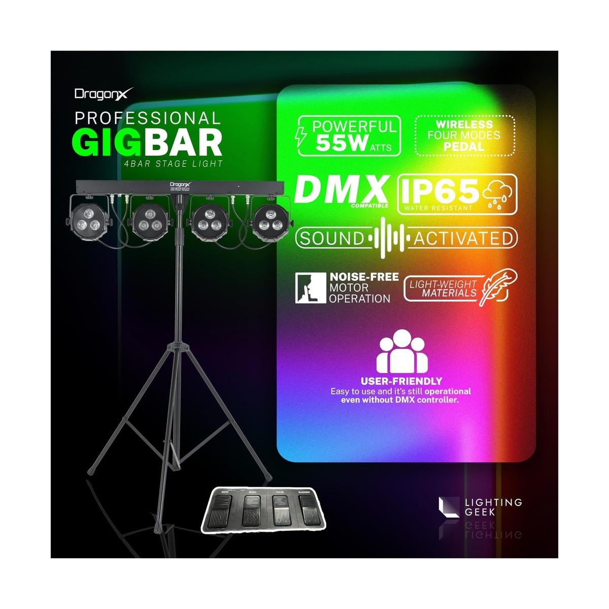 DragonX DJ Light Stand, Electric Light with 4 Bar Gigbar, DMX LED