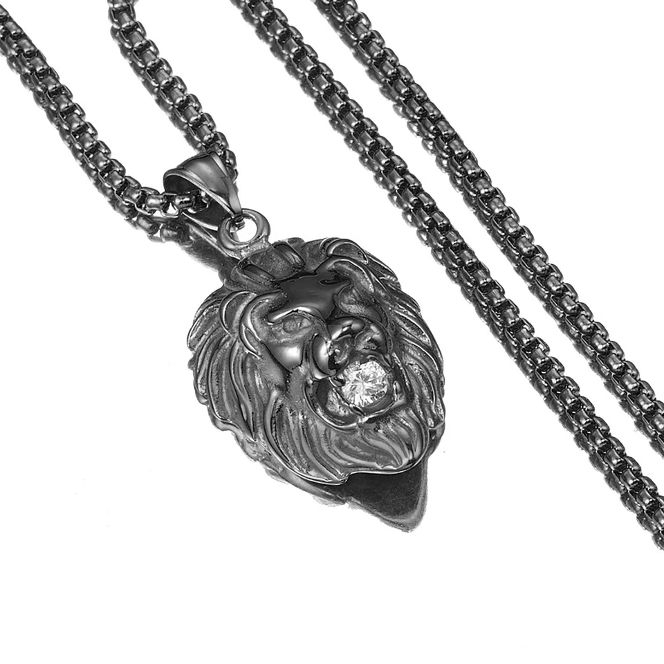 Collar colgante cabeza de león de acero inoxidable negro para hombre cadena Rolo con piedra blanca Foto 2 de 4