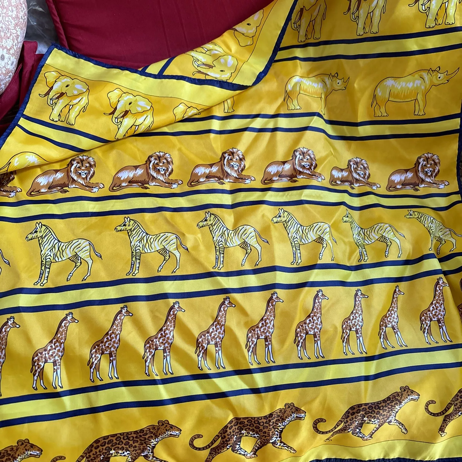 Écharpe oblong vintage Miss Dior jaune vif/marine rayures avec imprimé animal 25X25