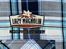 Lazy Magnolia Mississippi's Oldest Brewery Men's Medium Short Sleeve Blue Plaid