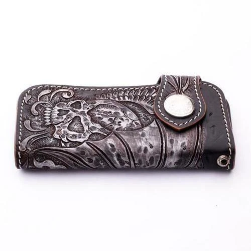 CARTERA TRIBAL CALAVERA TALLADA TATUAJE TRIBAL CUERO GENUINO ROCKER PUNK MOTOCICLISTA Foto 2 de 4