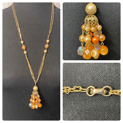 Vintage Beaded necklace w/ unreadable makers mark Orange and Goldtone