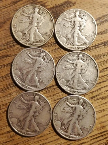 Lot of 6 Walking Liberty Half Dollars VG-Fine Condition 90% Silver !