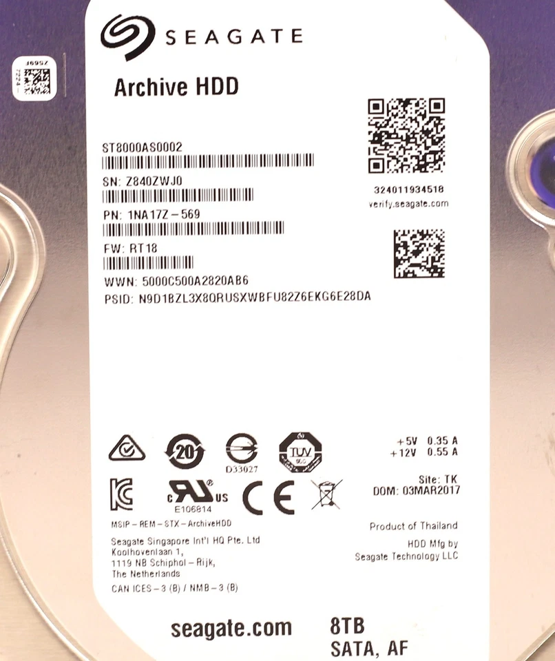 Seagate ST8000AS0002 8TB 3.5" 6Gb/s 128MB 5.9K RPM SATA HDD P/N: 1NA17Z-569 - Image 2 of 2