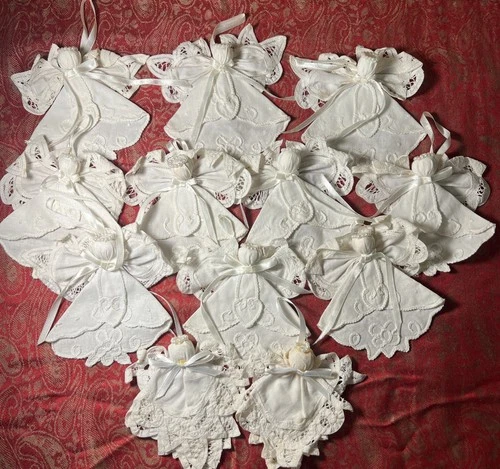 Set Of 12 VTG Napkin Doily Christmas Ornament Angels 5 1/2” Tall Shabby Chic